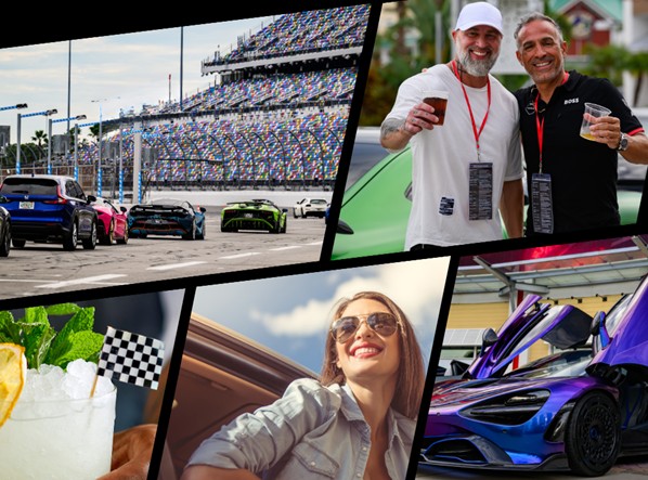race car on track, purple sports car, 2 men standing in from of green car, girl smiling 