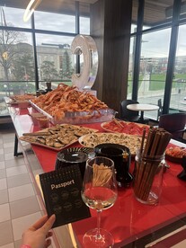a buffet table with food on it